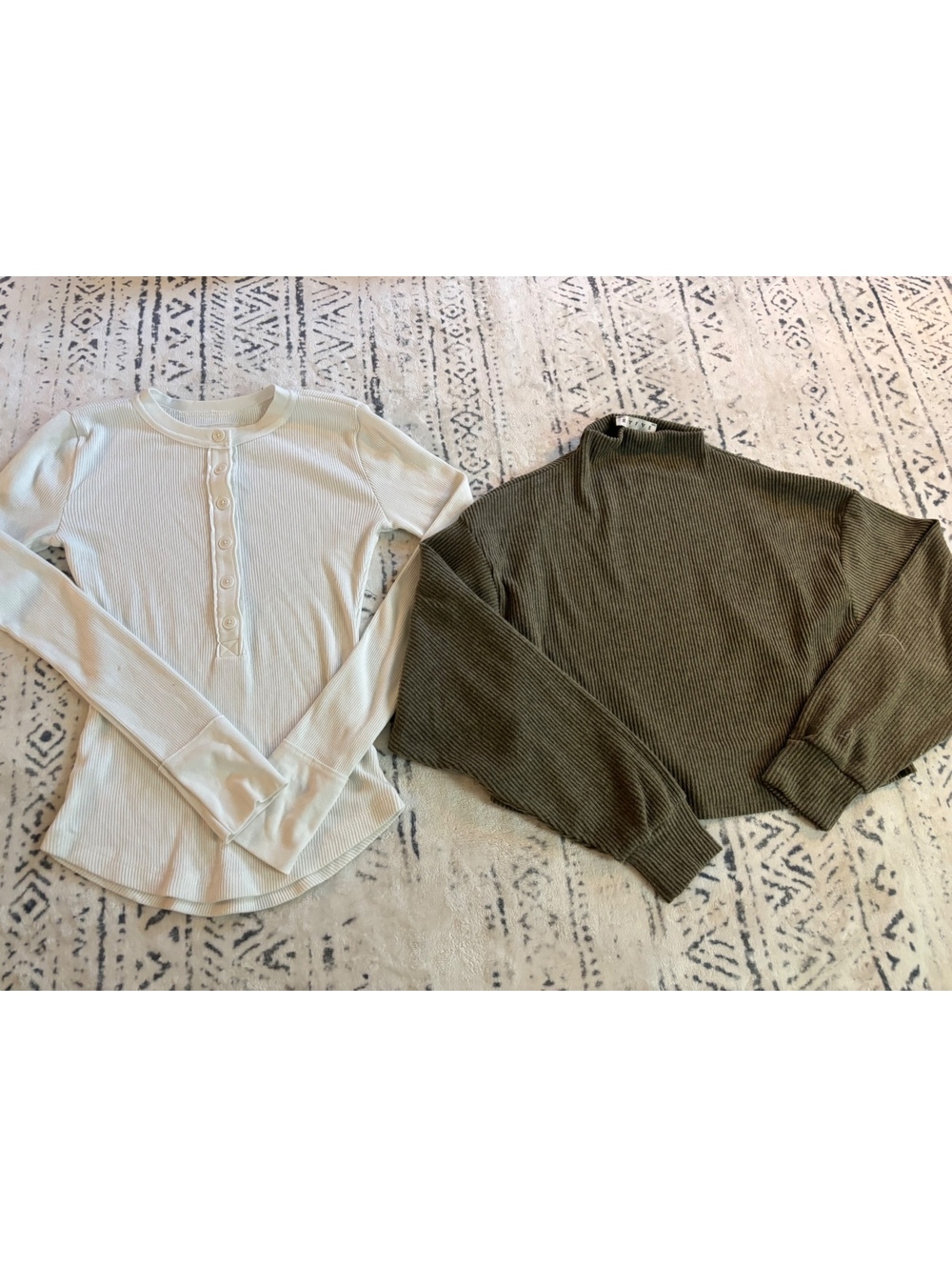 Set of Two Ribbed Long Sleeve Tops in Cream and Olive Green, Size Small